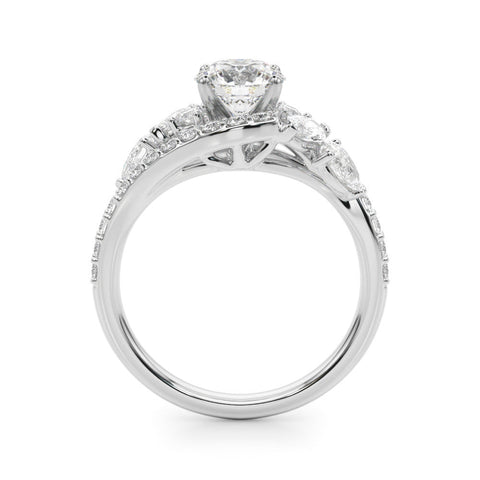 Platinum Round Diamond Halo Ring with Marquise and Pavé Band in Prong Setting
