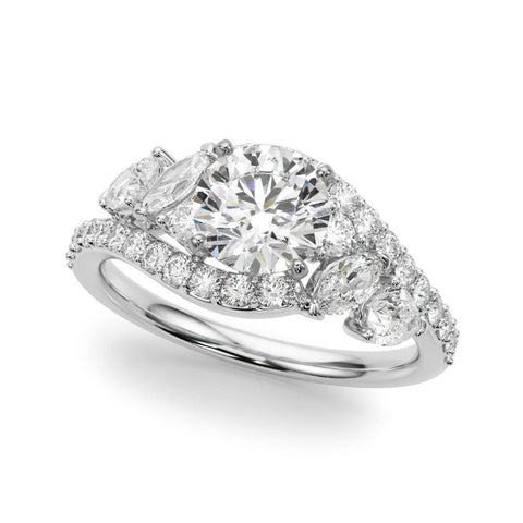 Platinum Round Diamond Halo Ring with Marquise and Pavé Band in Prong Setting