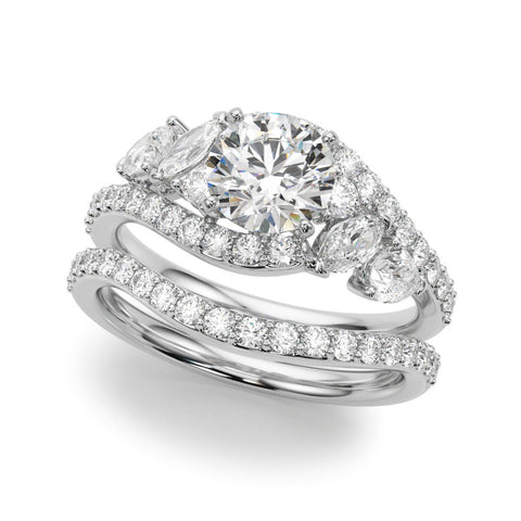Platinum Round Diamond Halo Ring with Marquise and Pavé Band in Prong Setting