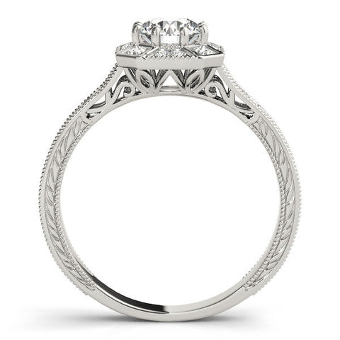 White gold Round Diamond Milgrain Halo Engagement Ring with Chevron Band and Prong Setting