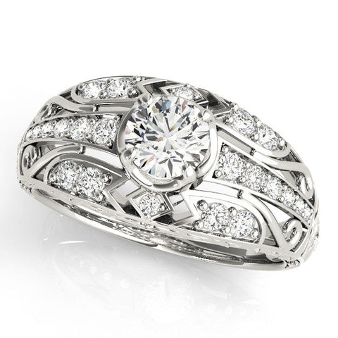 White gold Round Diamond Pave Art Deco Split Shank Ring with Four-Prong Setting
