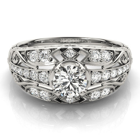 White gold Round Diamond Pave Art Deco Split Shank Ring with Four-Prong Setting