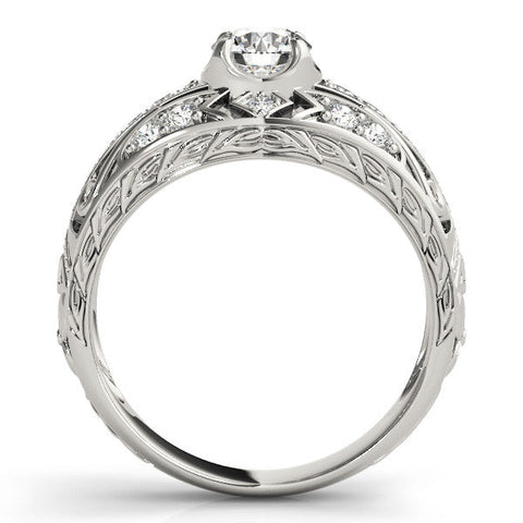 White gold Round Diamond Pave Art Deco Split Shank Ring with Four-Prong Setting