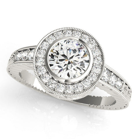 White gold Round Halo Bezel Set Diamond Ring with Pavé Band