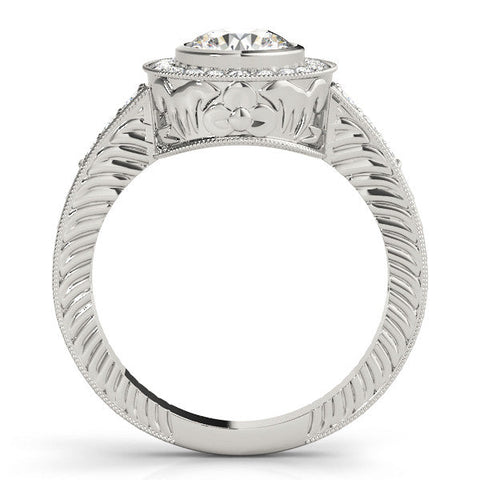 White gold Round Halo Bezel Set Diamond Ring with Pavé Band