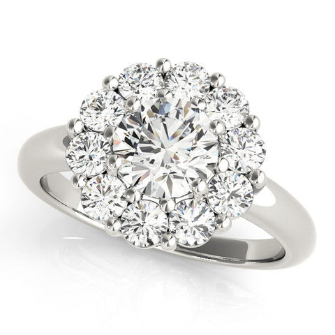 White gold Round Halo Cluster Diamond Engagement Ring with Prong Setting and Polished Band