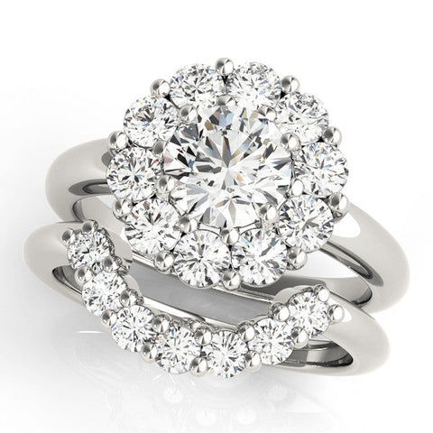 White gold Round Halo Cluster Diamond Engagement Ring with Prong Setting and Polished Band