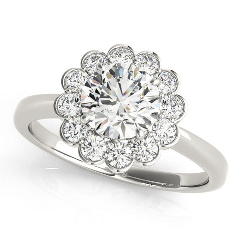 White gold Round Halo Cluster Diamond Engagement Ring with Solitaire Band and Prong Setting