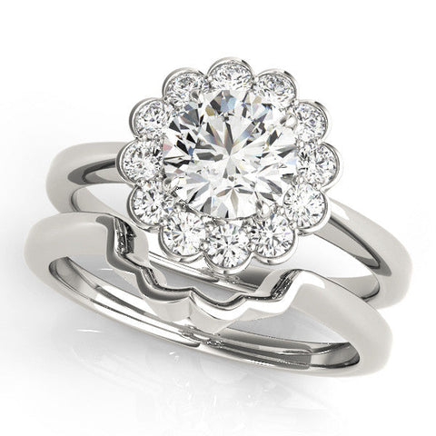 White gold Round Halo Cluster Diamond Engagement Ring with Solitaire Band and Prong Setting