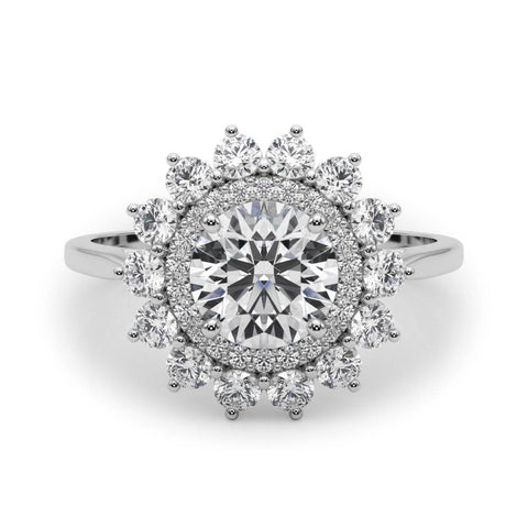 White gold Round Halo Cluster Diamond Ring with Pave Band and Four-Prong Setting