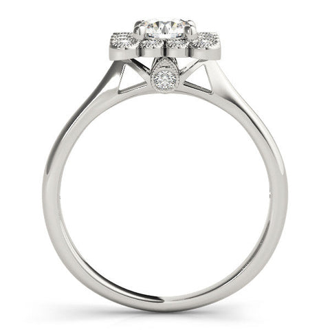 White gold Round Halo Diamond Cluster Engagement Ring with Milgrain Bezel Setting and Solitaire Band