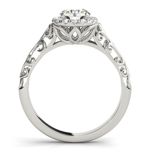 Platinum Round Halo Diamond Engagement Ring with Intricate Filigree Band and Four-Prong Setting