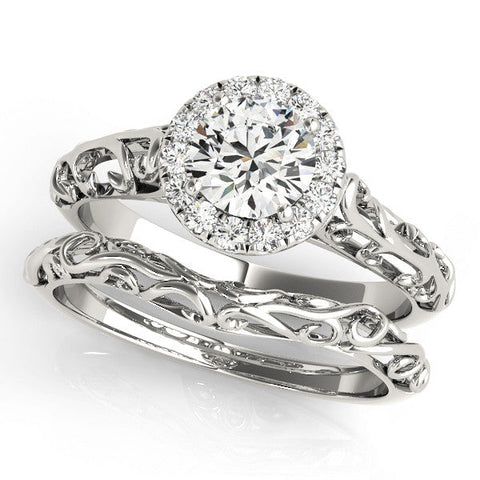 White gold Round Halo Diamond Engagement Ring with Intricate Filigree Band and Four-Prong Setting