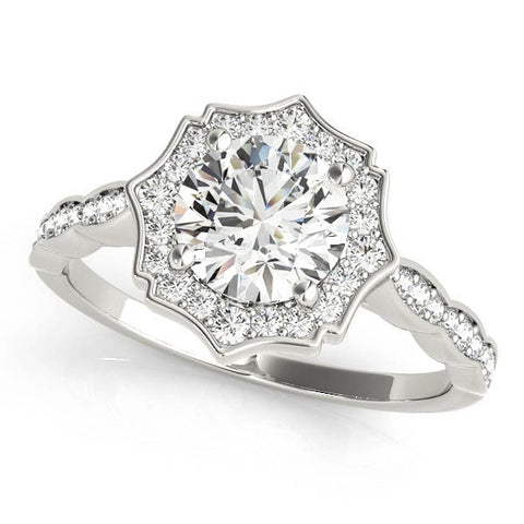 White gold Round Halo Diamond Engagement Ring with Milgrain Band and Four-Prong Setting