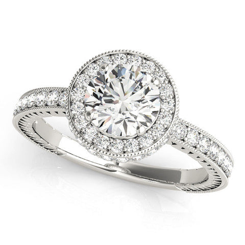 White gold Round Halo Diamond Engagement Ring with Milgrain Pave Band and Four-Prong Setting
