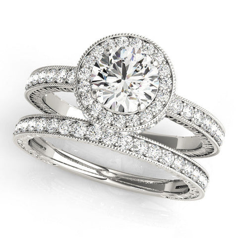 Platinum Round Halo Diamond Engagement Ring with Milgrain Pave Band and Four-Prong Setting