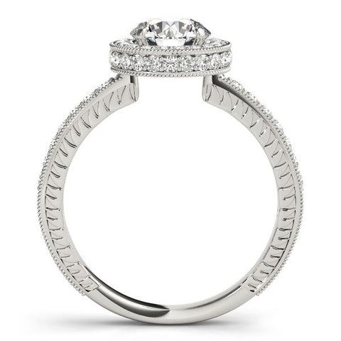 White gold Round Halo Diamond Engagement Ring with Milgrain Pave Band and Four-Prong Setting