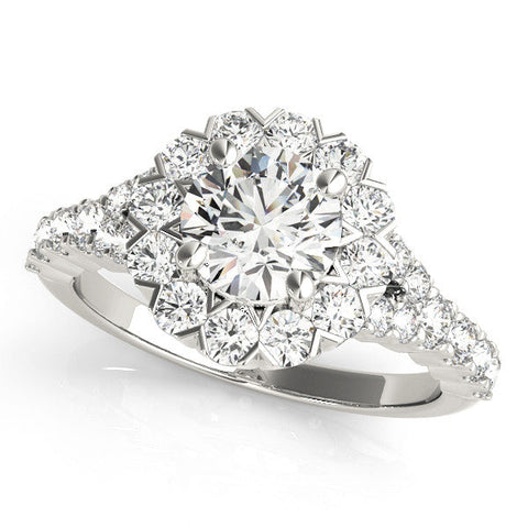 Platinum Round Halo Diamond Engagement Ring with Pave Band and Four-Prong Setting