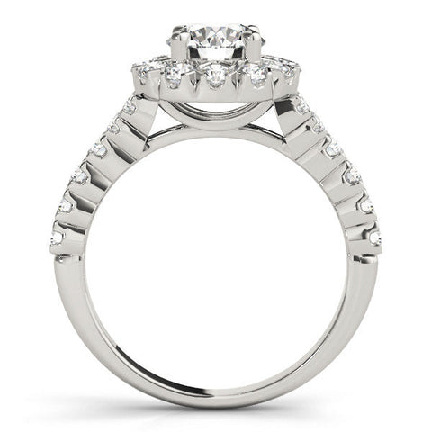 Platinum Round Halo Diamond Engagement Ring with Pave Band and Four-Prong Setting