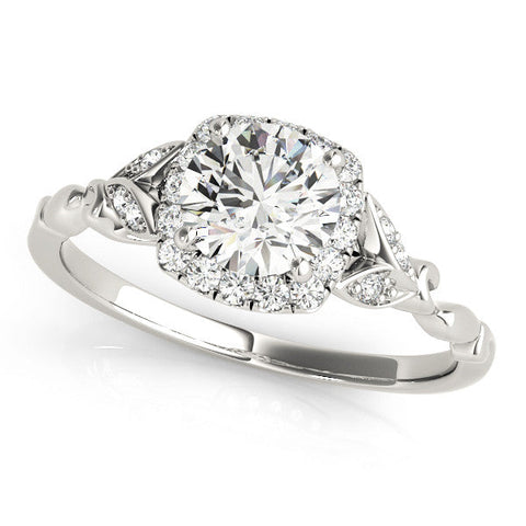 Platinum Round Halo Diamond Engagement Ring with Vintage-Inspired Band and Four-Prong Setting