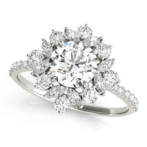 Platinum Round Halo Diamond Floral Cluster Ring with Pavé Band and Prong Setting