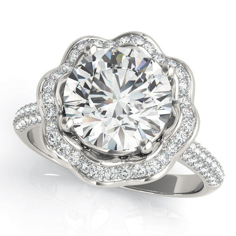 White gold Round Halo Diamond Floral Pave Band Ring with Four-Prong Setting