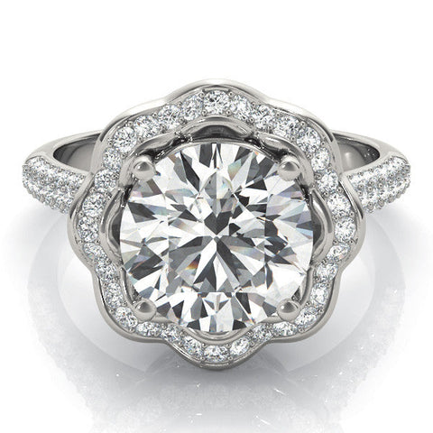 White gold Round Halo Diamond Floral Pave Band Ring with Four-Prong Setting