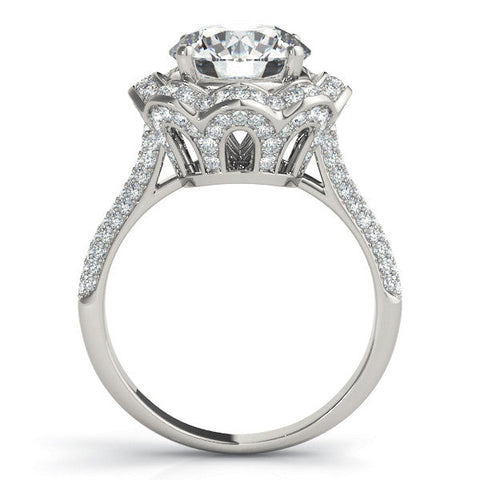 White gold Round Halo Diamond Floral Pave Band Ring with Four-Prong Setting