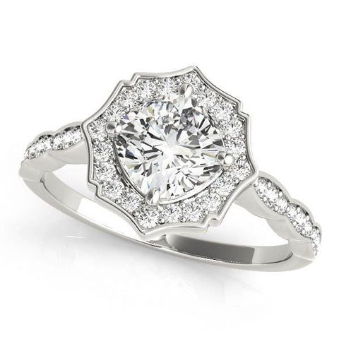Platinum Round Halo Diamond Ring with Milgrain Band and Four-Prong Setting