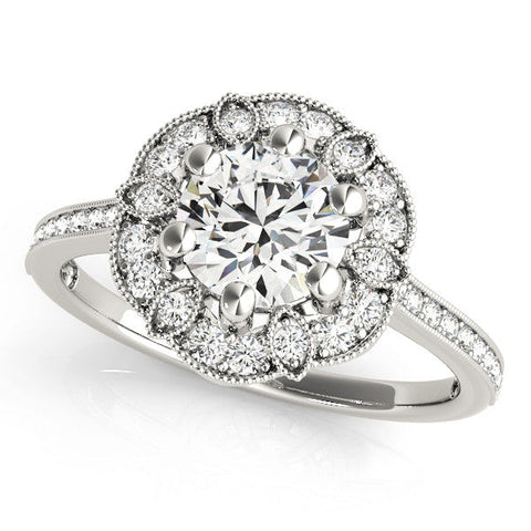 Platinum Round Halo Diamond Ring with Milgrain Pave Band and Prong Setting
