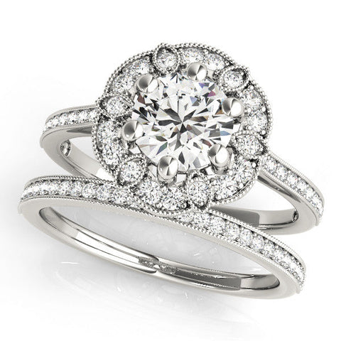 Platinum Round Halo Diamond Ring with Milgrain Pave Band and Prong Setting