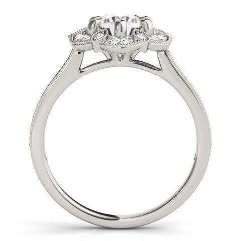 Platinum Round Halo Diamond Ring with Milgrain Pave Band and Prong Setting