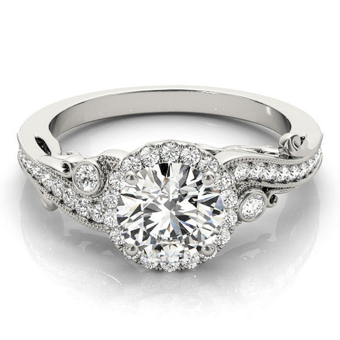 Platinum Round Halo Diamond Ring with Milgrain and Bezel Accents on a Split Shank Band