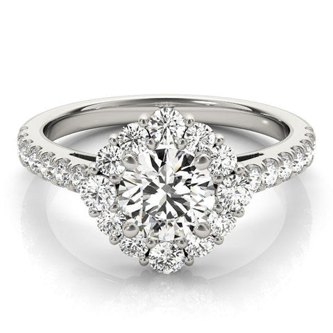 Platinum Round Halo Diamond Ring with Pavé Band and Four-Prong Setting