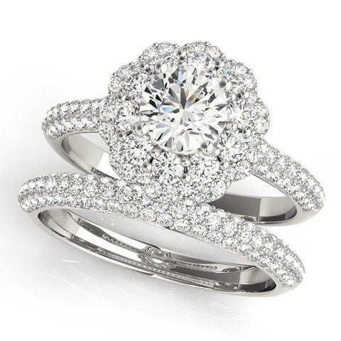 Platinum Round Halo Diamond Ring with Pave Band and Four-Prong Setting