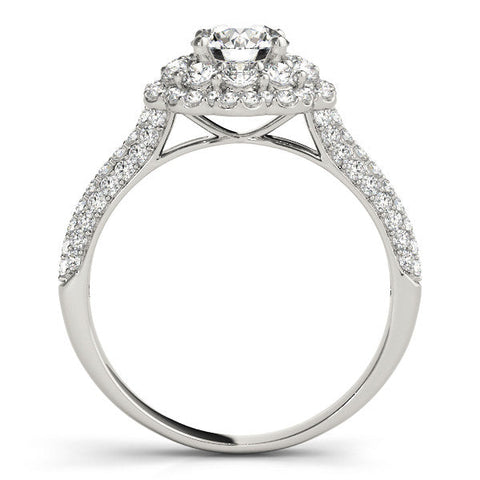 White gold Round Halo Diamond Ring with Pave Band and Four-Prong Setting
