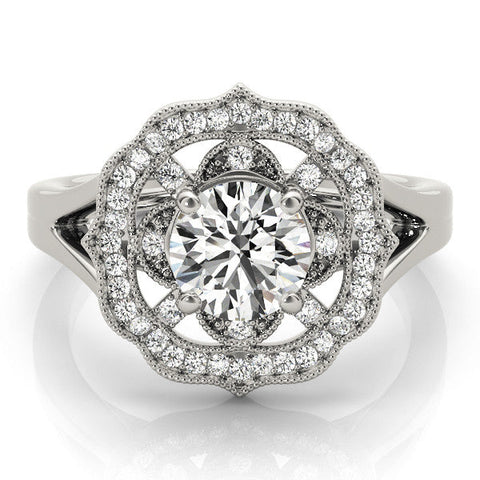 Platinum Round Halo Diamond Ring with Split Shank and Four-Prong Setting