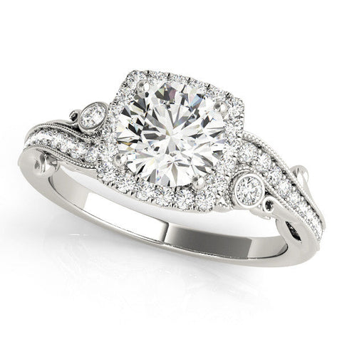 Platinum Round Halo Diamond Ring with Twisted Band and Four-Prong Setting