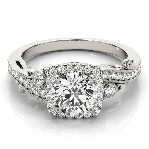 Platinum Round Halo Diamond Ring with Twisted Band and Four-Prong Setting