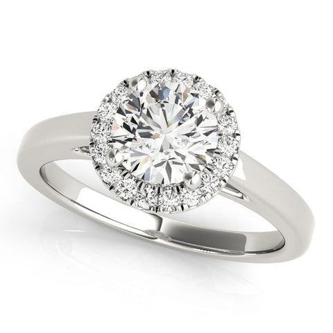 Platinum Round Halo Diamond Solitaire Ring with Round Band and Four-Prong Setting