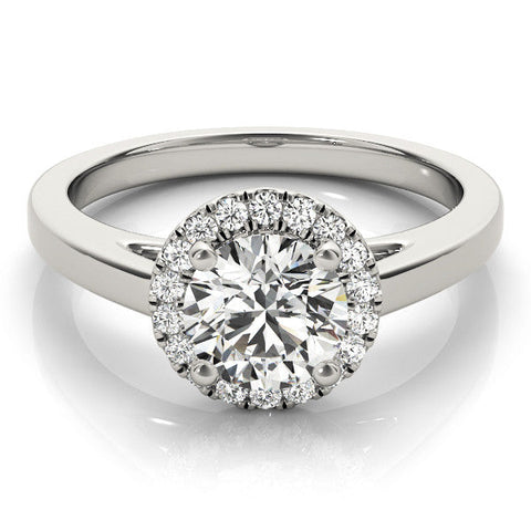 Platinum Round Halo Diamond Solitaire Ring with Round Band and Four-Prong Setting