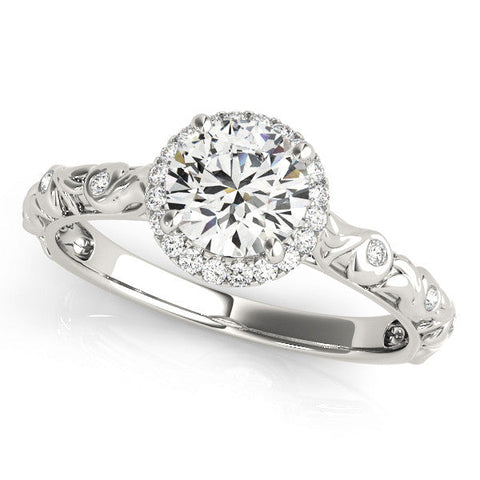 White gold Round Halo Diamond Solitaire with Filigree Band and Four-Prong Setting