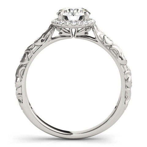 White gold Round Halo Diamond Solitaire with Filigree Band and Four-Prong Setting