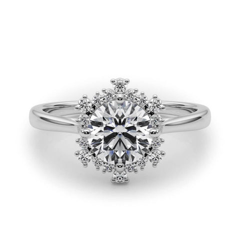 Platinum Round Halo Diamond Solitaire with Pavé Band and Four-Prong Setting