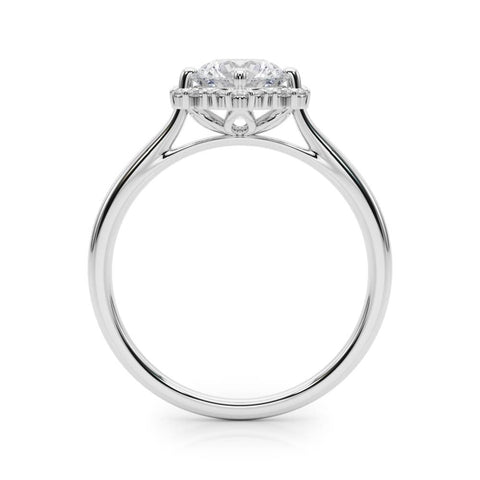 White gold Round Halo Diamond Solitaire with Pavé Band and Four-Prong Setting