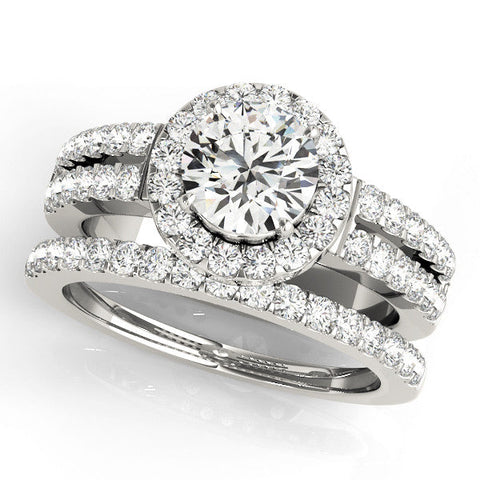 Platinum Round Halo Diamond Split Shank Engagement Ring with Prong Setting
