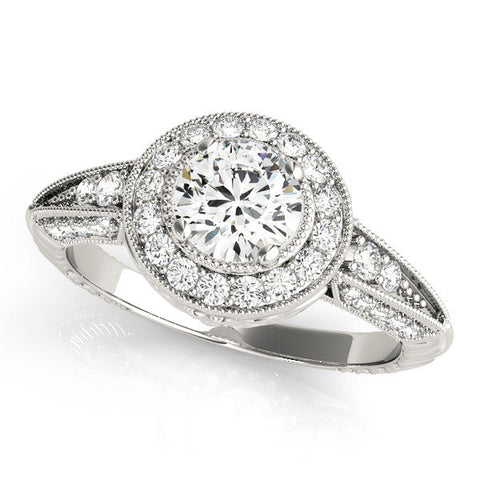 Platinum Round Halo Diamond Split Shank Ring with Milgrain Detail