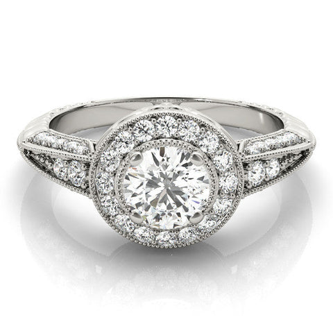 Platinum Round Halo Diamond Split Shank Ring with Milgrain Detail