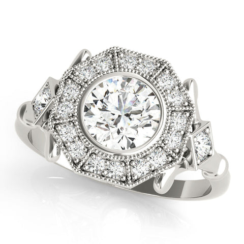 White gold Round Halo Milgrain Diamond Ring with Split Shank and Bezel Setting