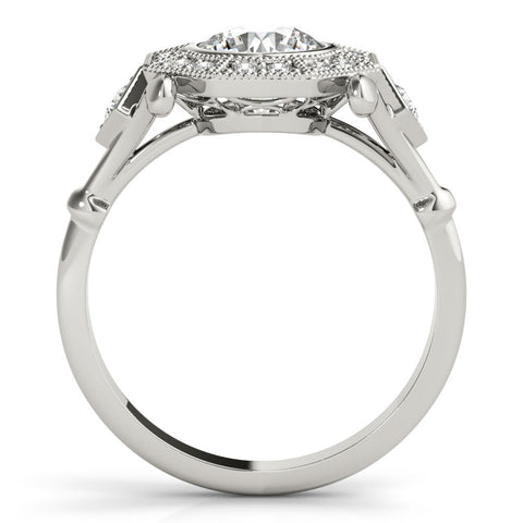 Platinum Round Halo Milgrain Diamond Ring with Split Shank and Bezel Setting